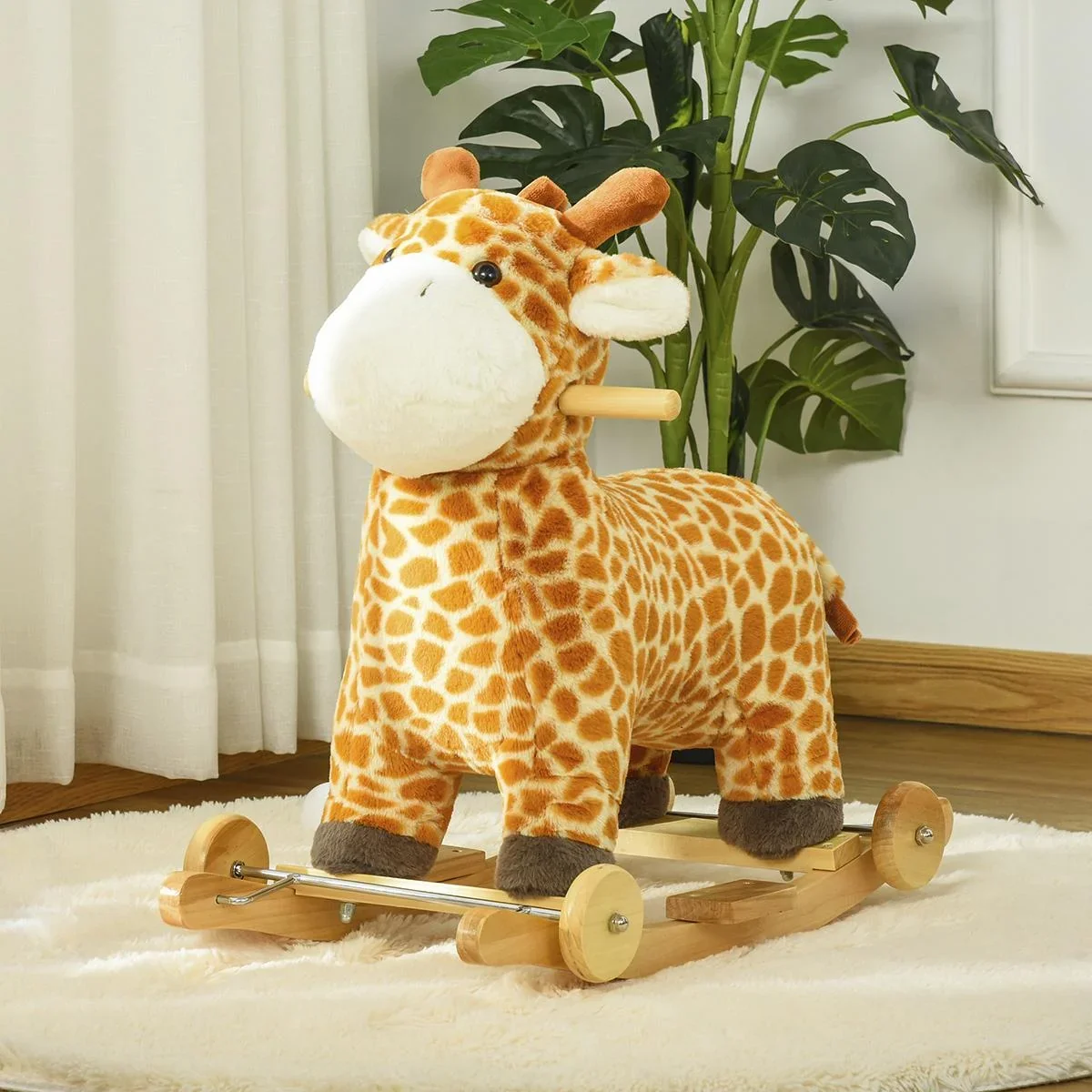 2-IN-1 Schaukelpferd mit Räder Plüsch Schaukeltier Babyschaukel Spielzeug für 36-72 Monaten Giraffen-Design Gelb 63 x 38 - 1