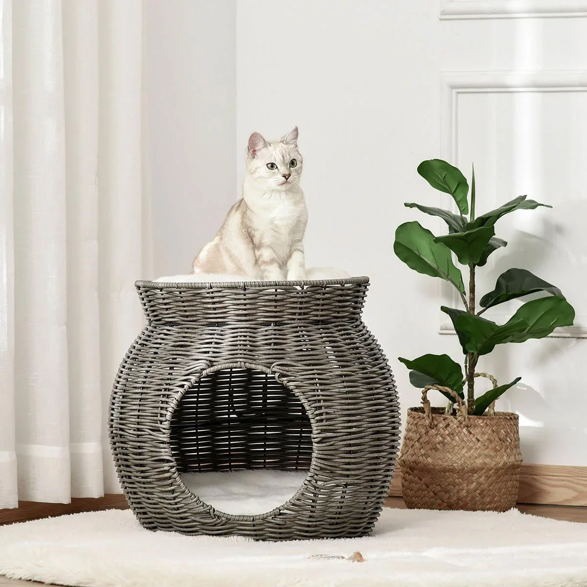 Rattan Katzenkorb zweistöckiges Katzenbett Katzenhöhle Katzenturm mit 2 Kissen Liegedach Dunkelgrau Ø50 x 43,5 cm - 0