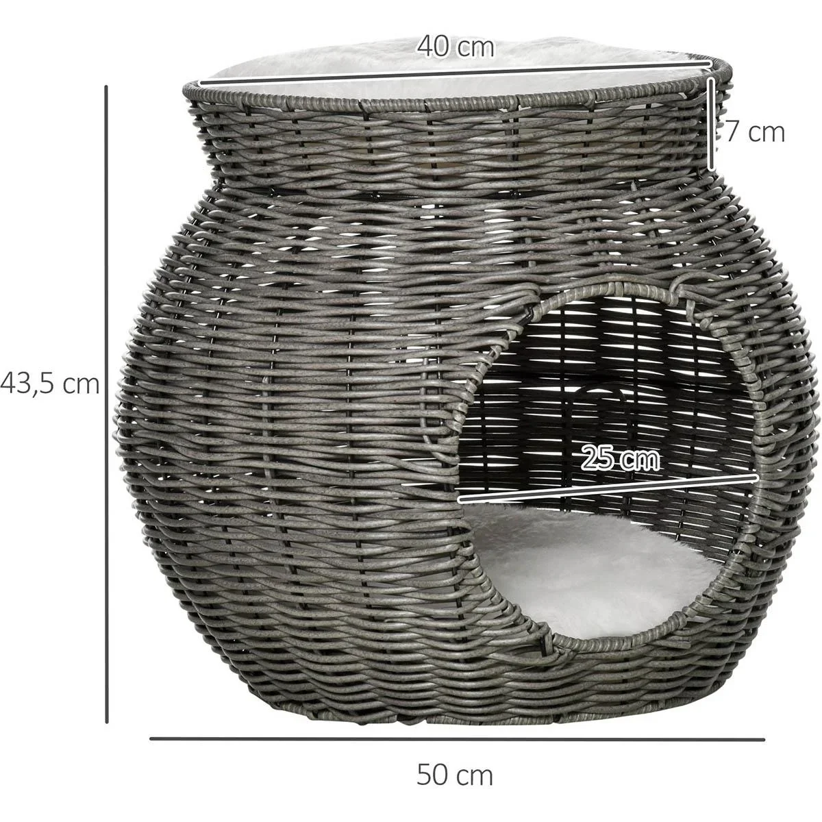 Rattan Katzenkorb zweistöckiges Katzenbett Katzenhöhle Katzenturm mit 2 Kissen Liegedach Dunkelgrau Ø50 x 43,5 cm - 1