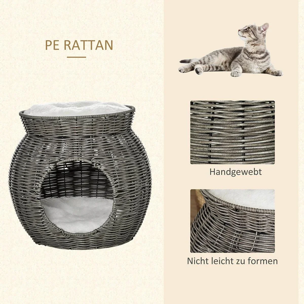 Rattan Katzenkorb zweistöckiges Katzenbett Katzenhöhle Katzenturm mit 2 Kissen Liegedach Dunkelgrau Ø50 x 43,5 cm - 2