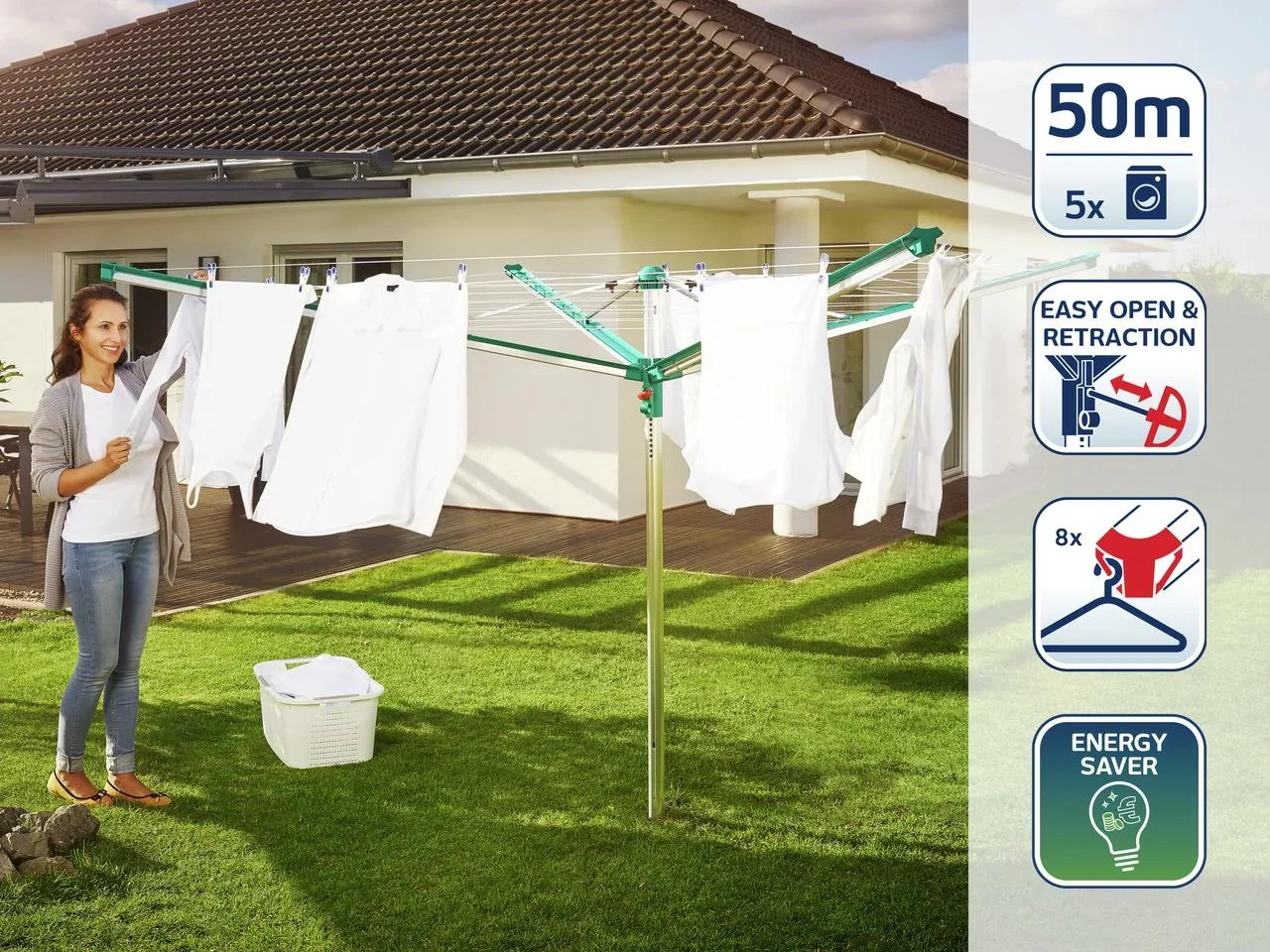 Wäscheschirm, Wäschespinne "Linomatic 500 deluxe Cover", mit Abdeckhülle und Bodenhülse, 50 Meter Leinenlänge - 2