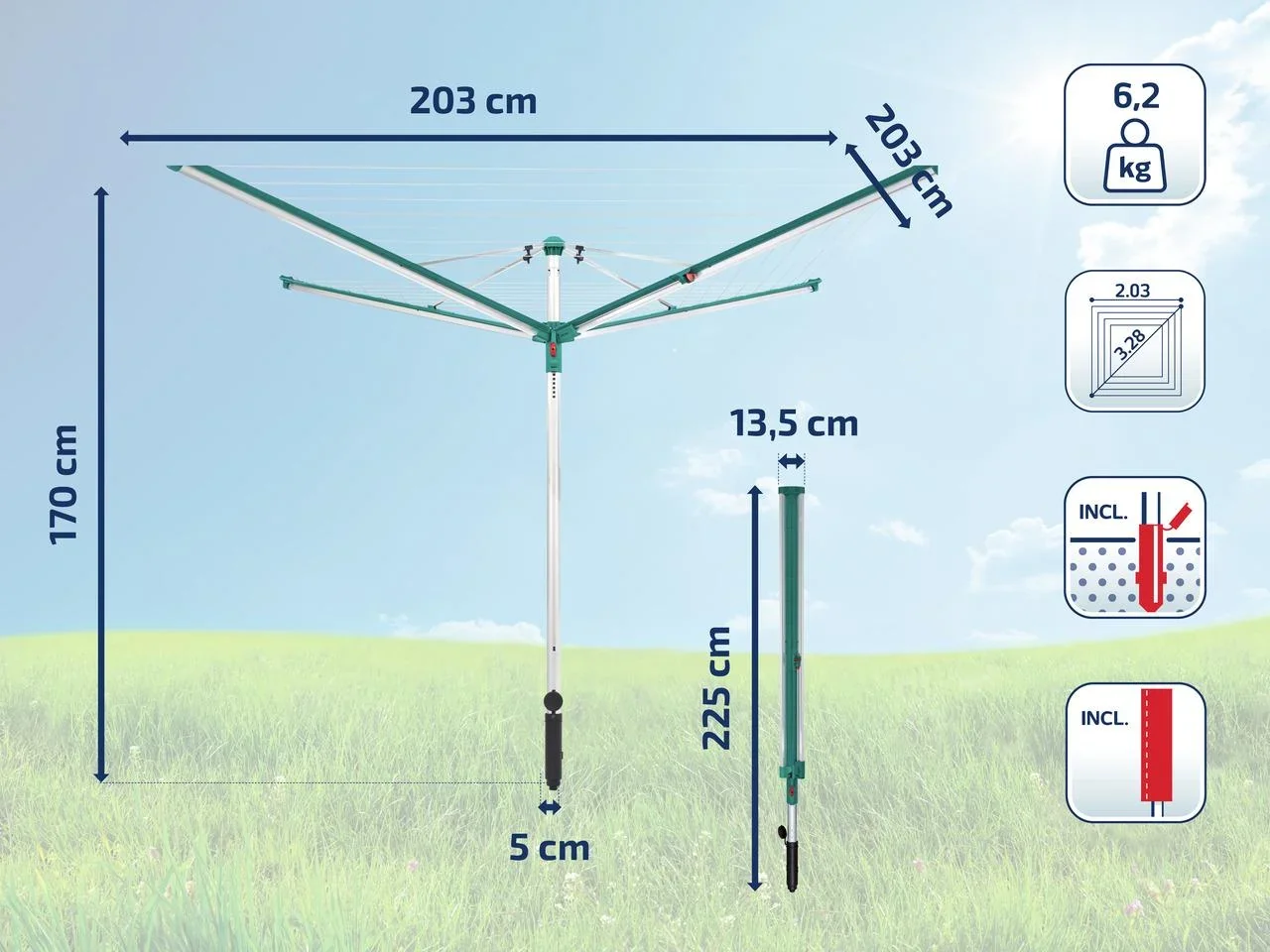 Wäscheschirm, Wäschespinne "Linomatic 500 deluxe Cover", mit Abdeckhülle und Bodenhülse, 50 Meter Leinenlänge - 4