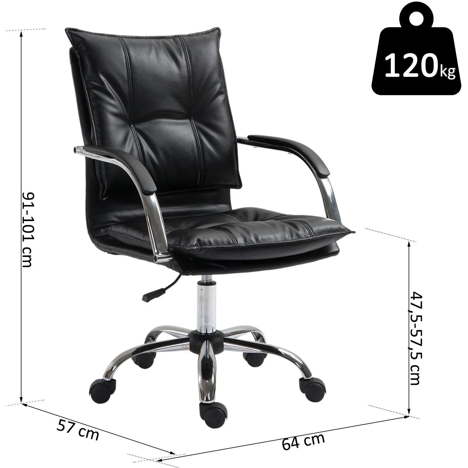 Bürostuhl Drehstuhl höhenverstellbar rollbar ergonomisch PU schwarz 64 x 57 x (91 101) cm - 4