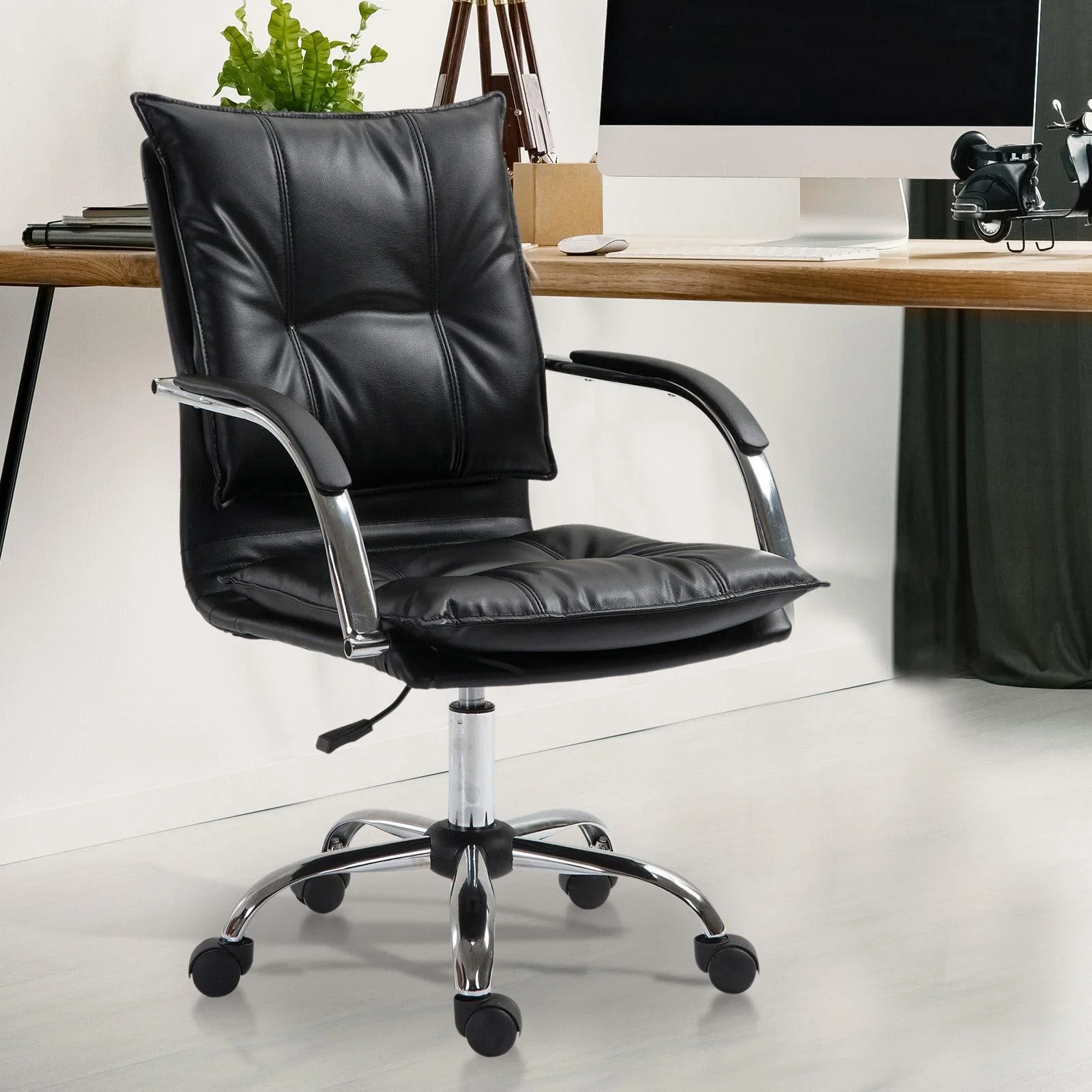 Bürostuhl Drehstuhl höhenverstellbar rollbar ergonomisch PU schwarz 64 x 57 x (91 101) cm - 6