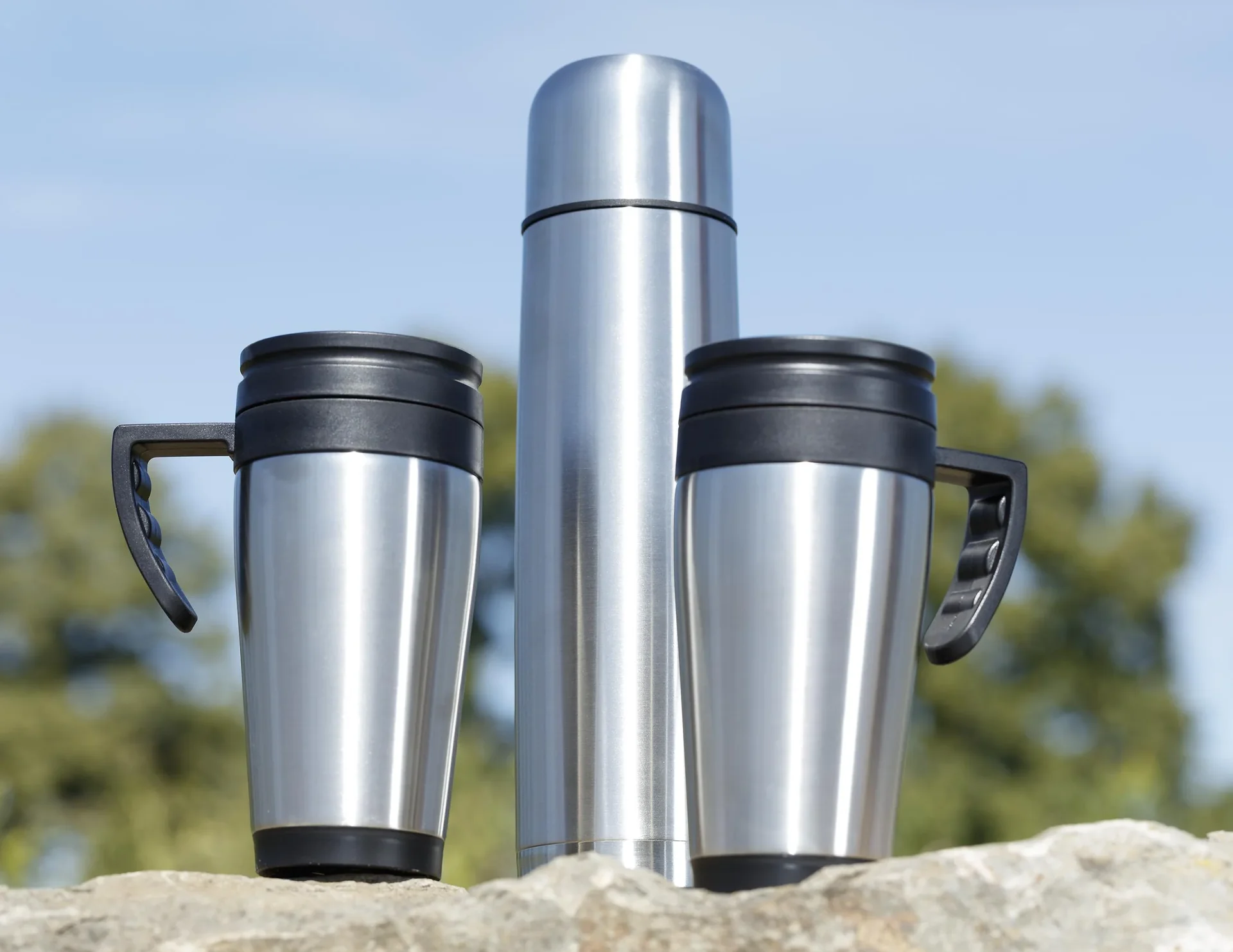 Travelling-Set 3-teilig, 1 Liter Isolierflasche + 2 x 400 ml Isolierbecher, Edelstahl matt, doppelwandig - 0