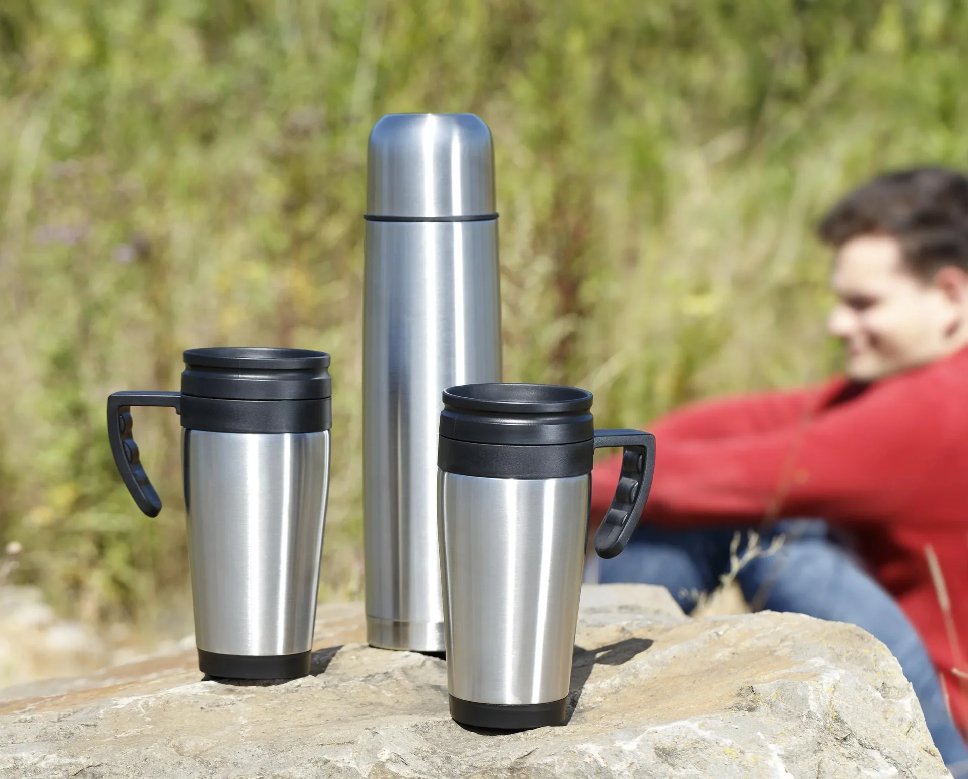 Travelling-Set 3-teilig, 1 Liter Isolierflasche + 2 x 400 ml Isolierbecher, Edelstahl matt, doppelwandig - 2