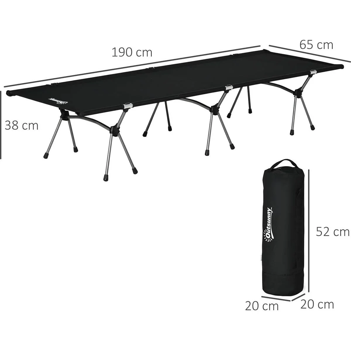 Campingbett bis 150kg schwarz 190 x 65 x 38 cm - 0