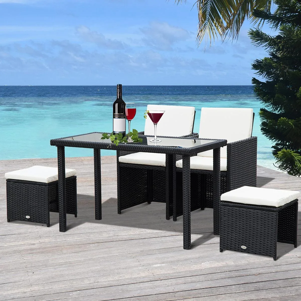 Polyrattan Sitzgruppe als 11-teiliges Set schwarz/cremeweiß - 1