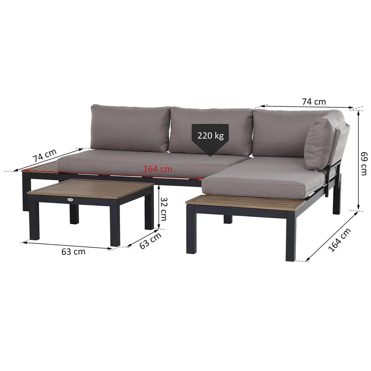 3-teiliges Gartenmöbel-Set mit Beistelltisch, Sofa mit Kissen, Outdoor, Aluminium, 164 x 74 x 69 cm - 2