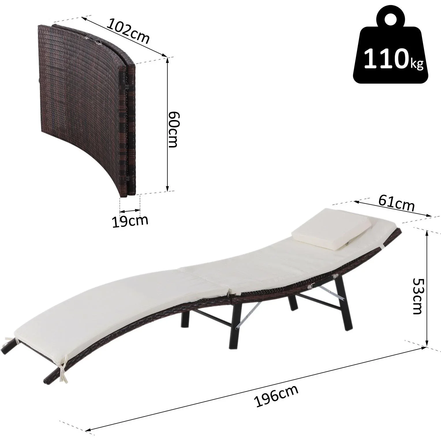 Gartenliege Sonnenliege mit Kissen Relaxliege ergonomisch wetterbeständig Polyrattan Braun 196 x 61 x 53 cm - 0