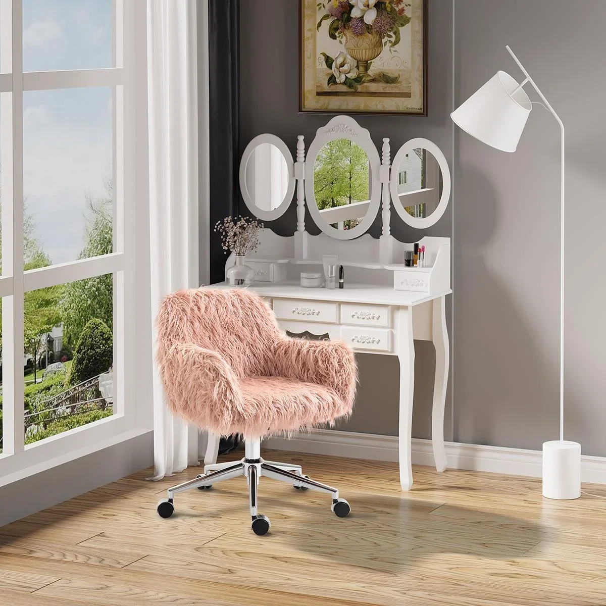 Chefsessel Drehstuhl Computerstuhl Sitzhöhenverstellung für Mädchen Kunstpelz Schaumstoff Rosa+Silber 57 x 60 x 75-85 cm - 2