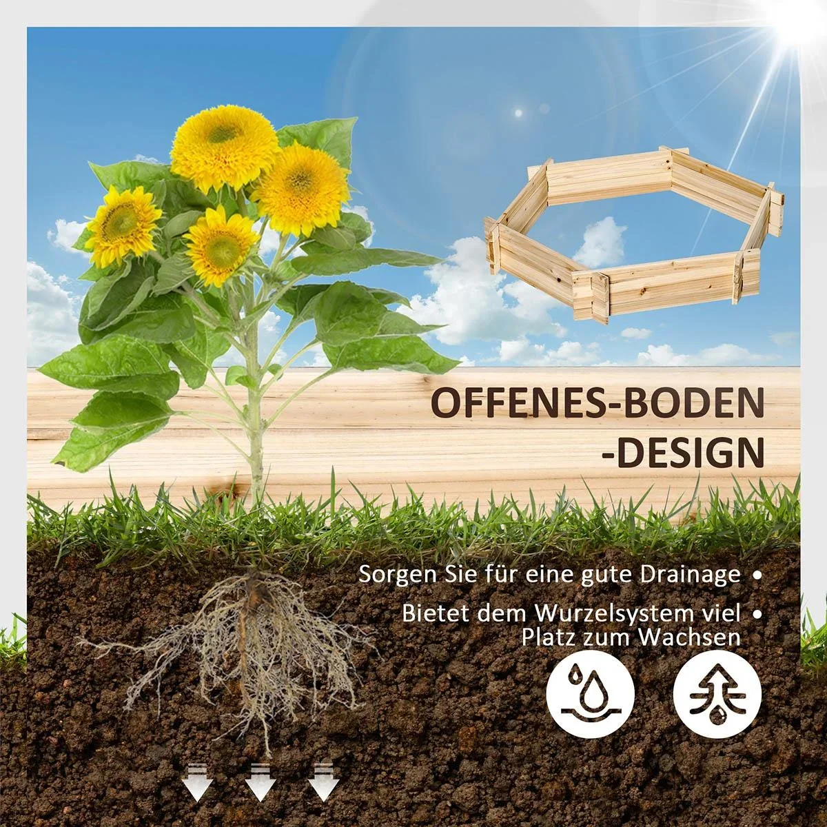 Hochbeet sechseckig DIY Pflanzkübel Pflanzkasten aus Holz für Garten Balkon Natur 100 x 92 x 16 cm - 2