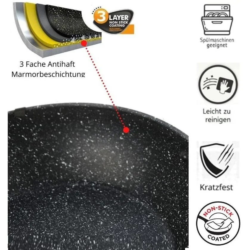 Platinium Bratpfanne / Wokpfanne / Pan - 24cm - Glasdeckel - Induktion - Marmorbeschichtung - Kratzfest - 1