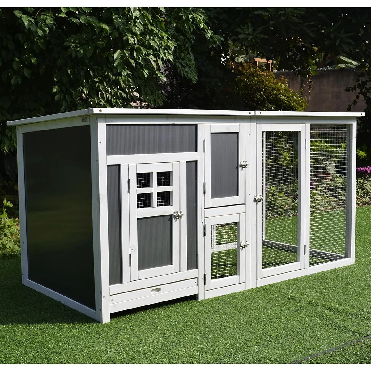 Hühnerstall Hühnerhaus Geeignet für 2-4 Hühner, mit Nistkasten Eierkiste mit 2 Fächern, Tanne, Grau+Weiß, 160 x 75 x 80 - 2
