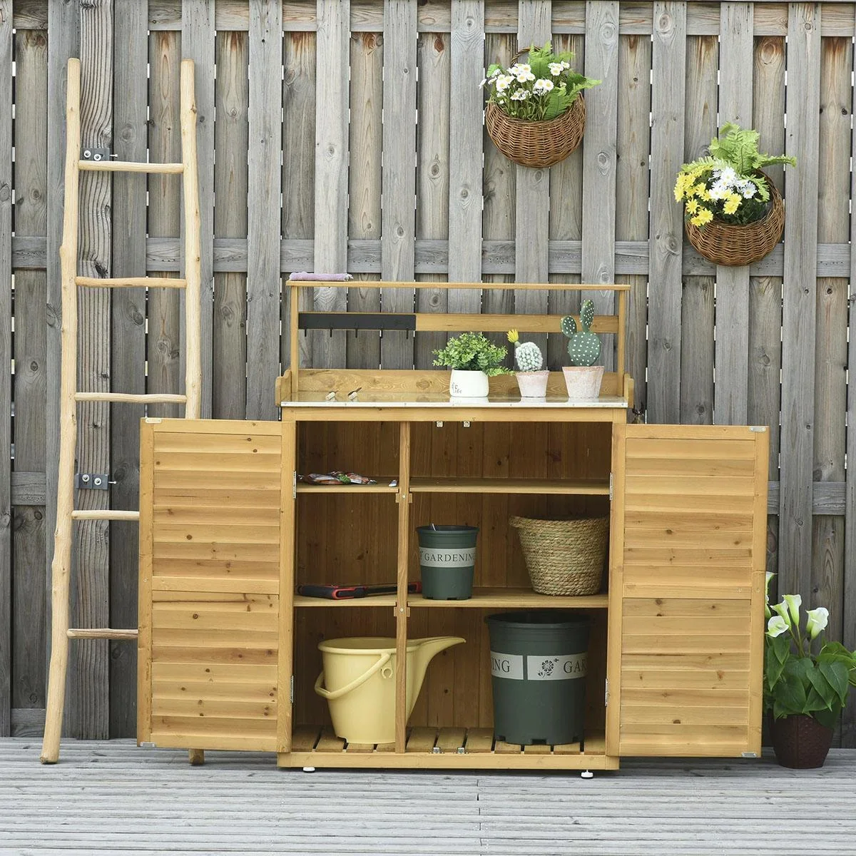 Gartenschrank Pflanztisch mit Unterschrank Geräteschrank mit Arbeitsfläche 3 Fächern Gartentisch mit Unterschrank 2 Türe - 3