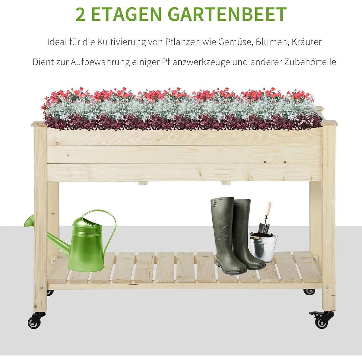 Hochbeet mit Rädern und Regalboden Natur - 0