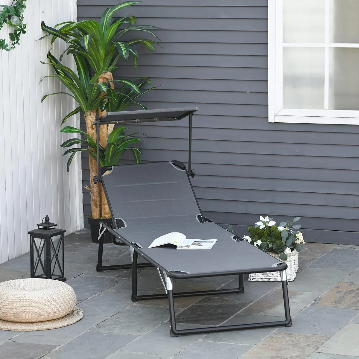 Gartenliege mit Sonnenschutz dunkelgrau - 6