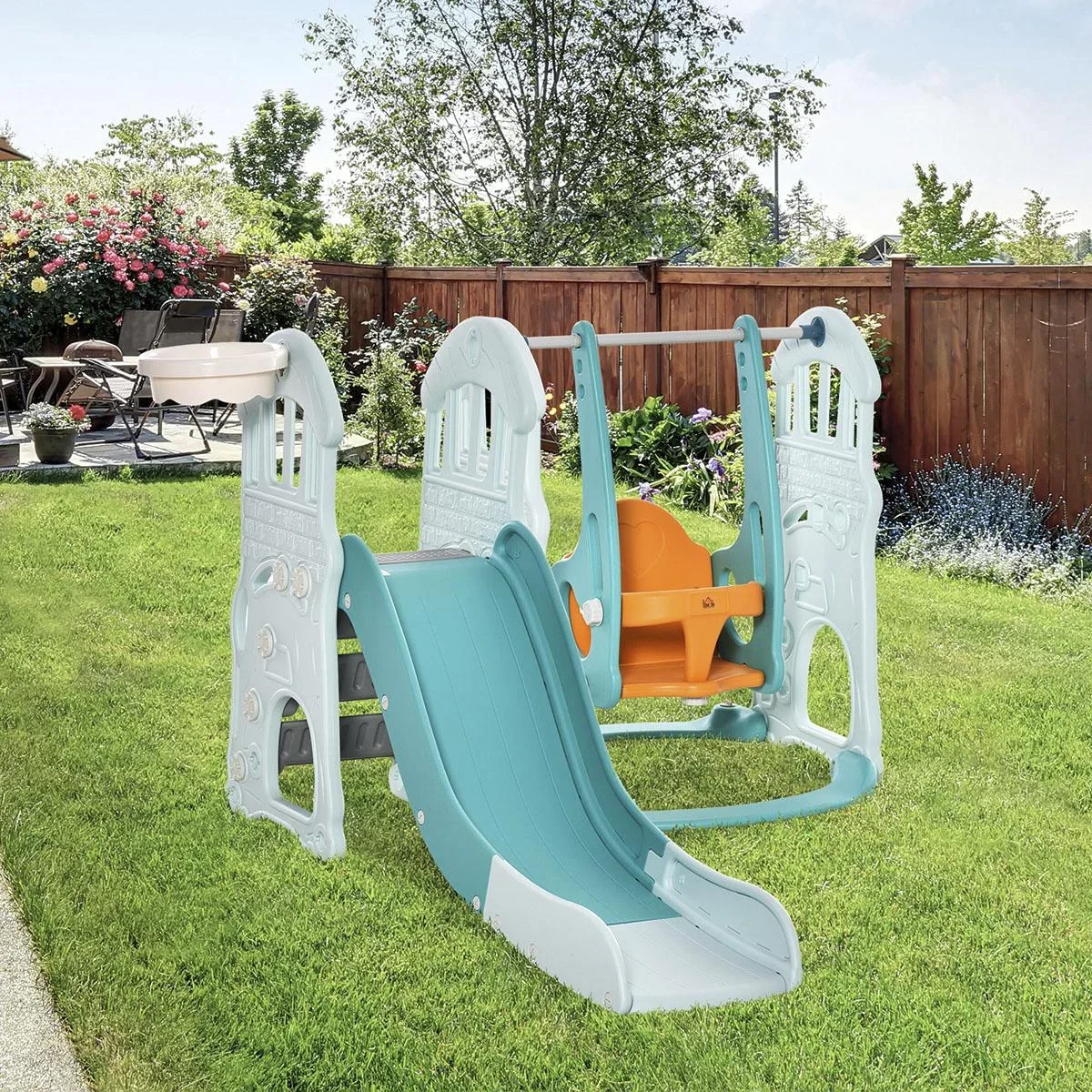 3 in 1 Kinderrutsche Kinderschaukel Set Spielturm für Kinder 18 bis 48 Monaten Kinder Spielplatz mit Basketballkorb HDPE - 0