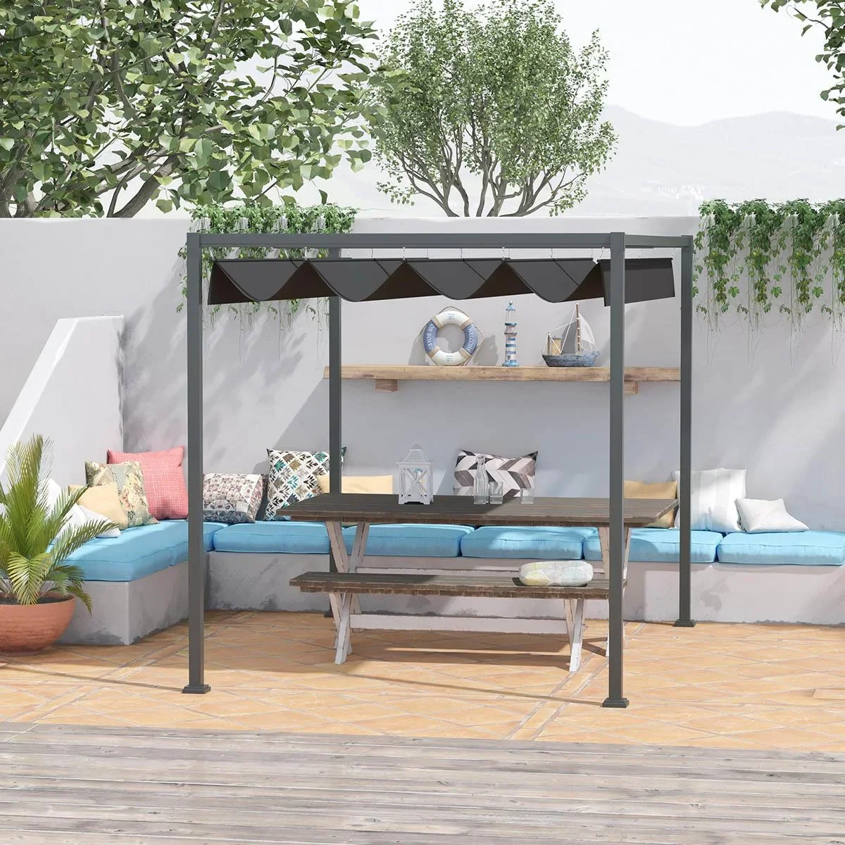 Pavillon/Gartenüberdachung - mit Schiebedach - Polyester - Schwarz - 298 x 213 x 222 cm - 0