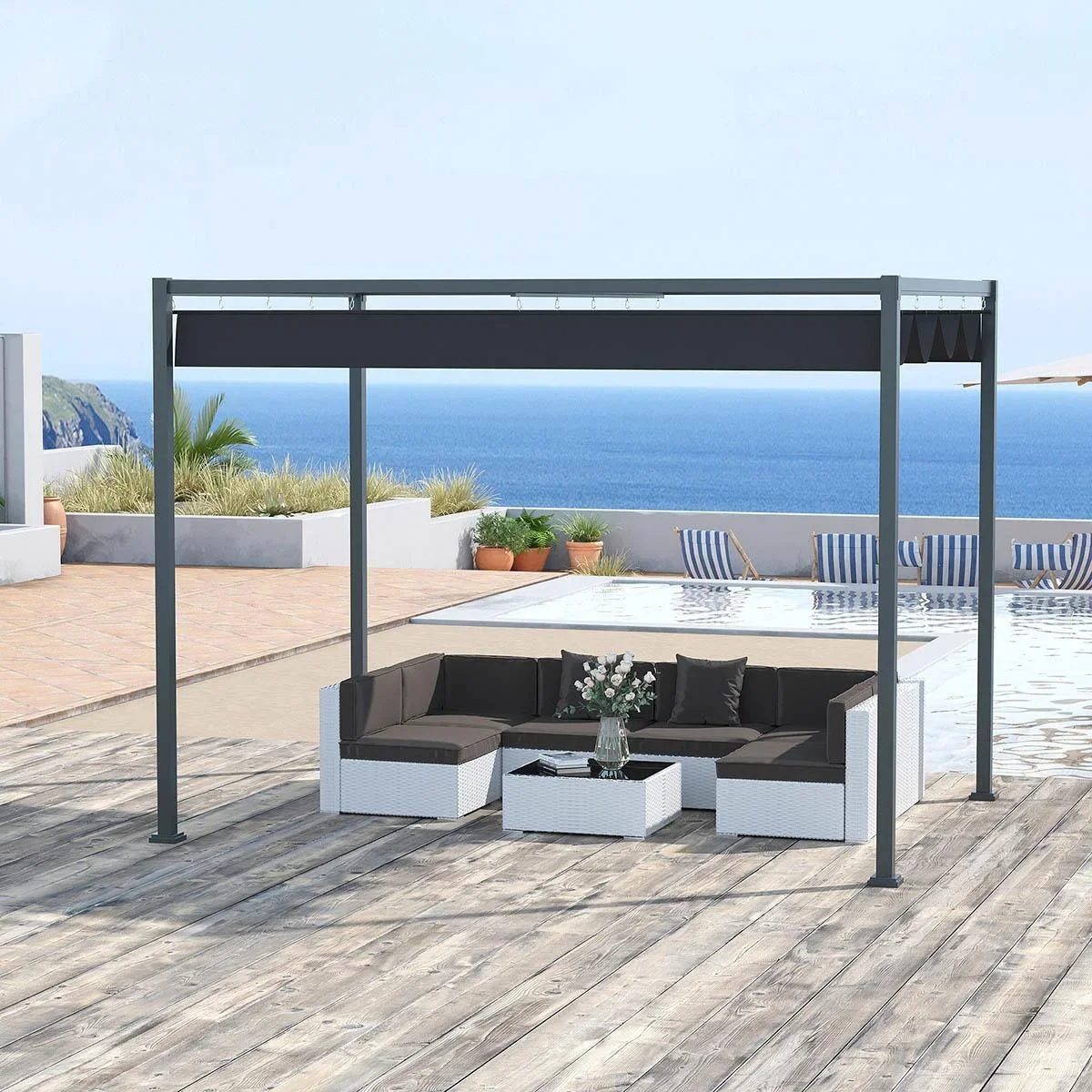 Pavillon/Gartenüberdachung - mit Schiebedach - Polyester - Schwarz - 298 x 213 x 222 cm - 3
