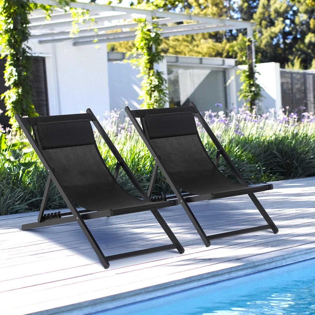 Klappstuhl 2er-Set Klappbarer Gartenstuhl 5-fach verstellbare Rückenlehne Balkonstuhl Campingstuhl Alu Schwarz - 1