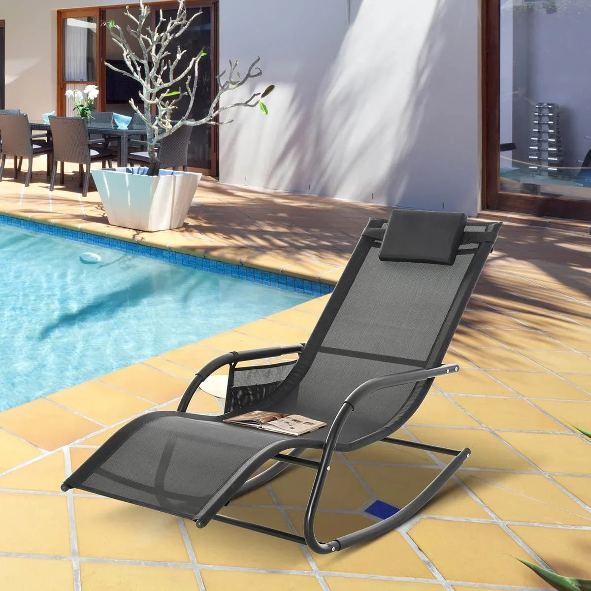 Schaukelstuhl Schwingsessel Gartenstuh Schaukelliege Metall Mesh Schwarz 150 x 62 x 88 cm - 1