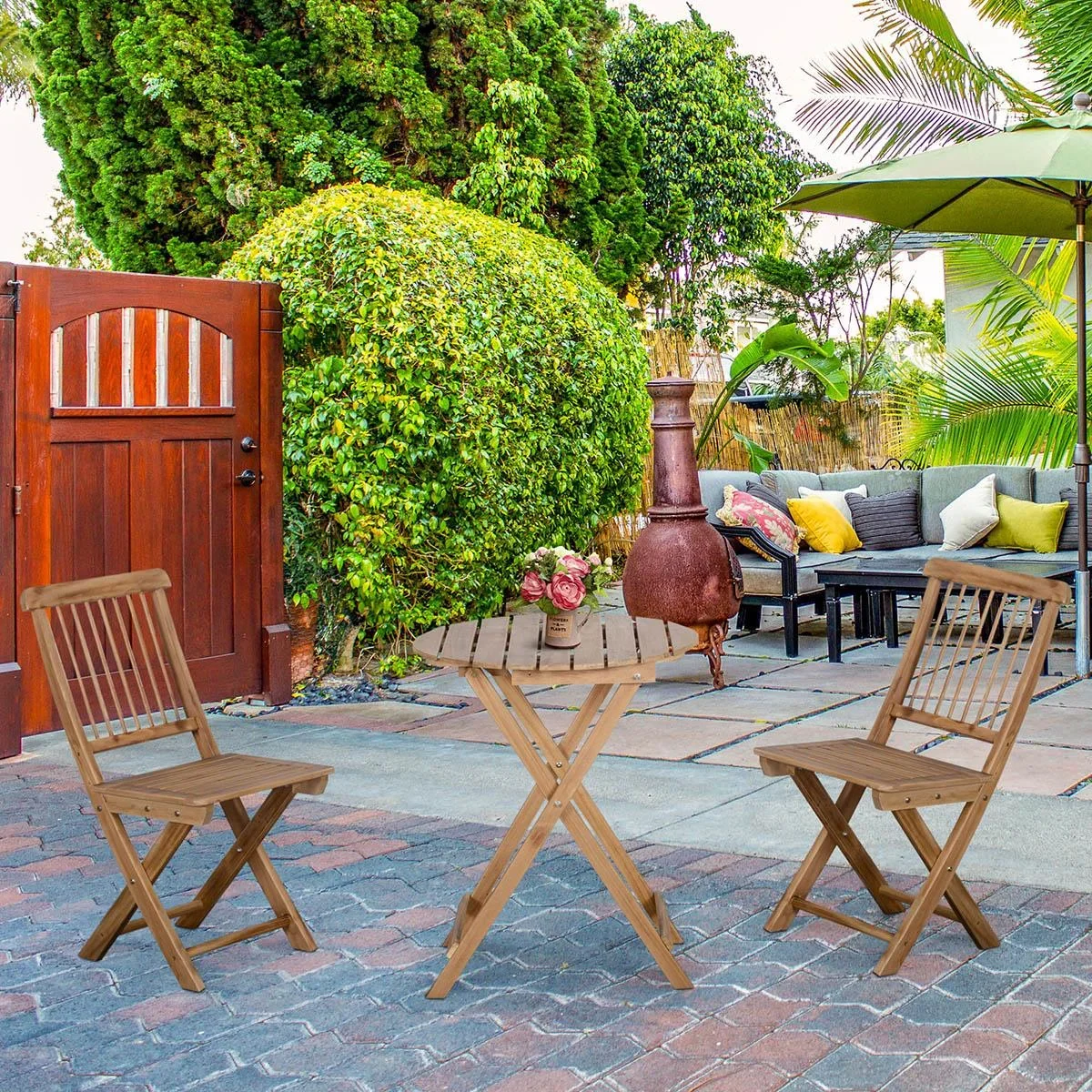 Bistro-Set 3-tlg. Klappbares Holzgarten-Set Balkon-Bistrotisch mit 2 Stühlen Gartenmöbel natur - 0