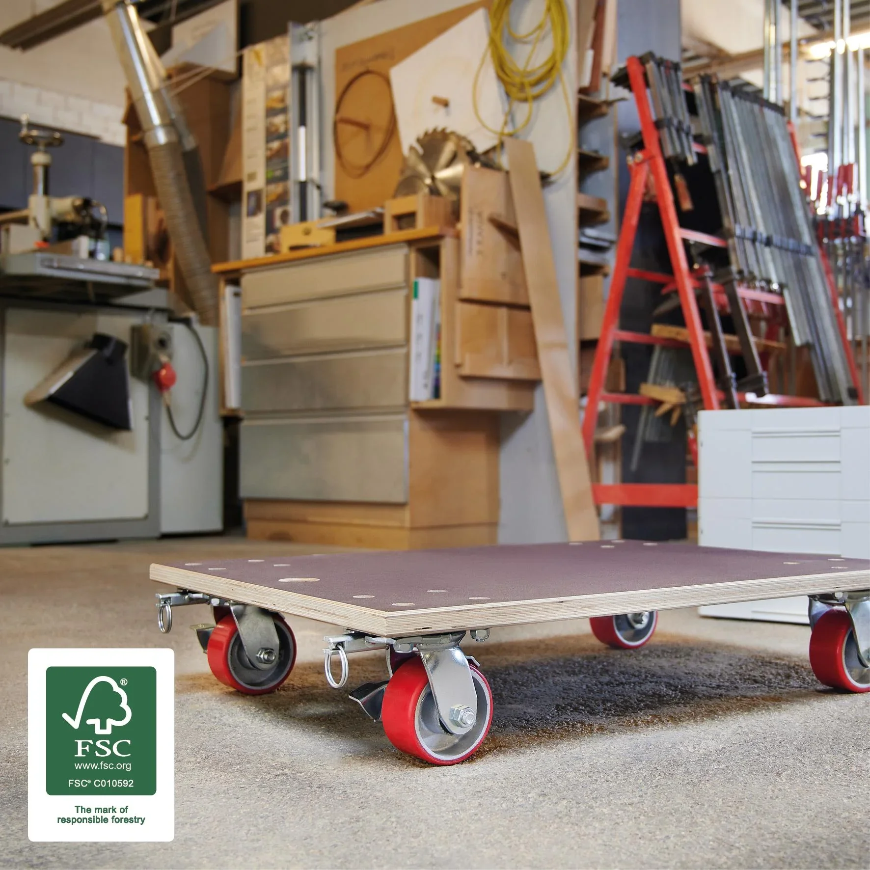 Transporthilfe MM 1348, 78 x 59 x 16 cm, harte Rollen Ø 100 mm, Rollenlager, 2 Bremsen, Platte FSC®, Tragkraft 1.000 kg - 2