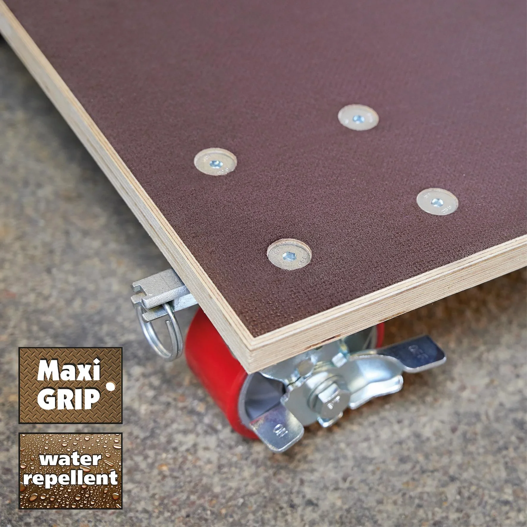 Transporthilfe MM 1348, 78 x 59 x 16 cm, harte Rollen Ø 100 mm, Rollenlager, 2 Bremsen, Platte FSC®, Tragkraft 1.000 kg - 4
