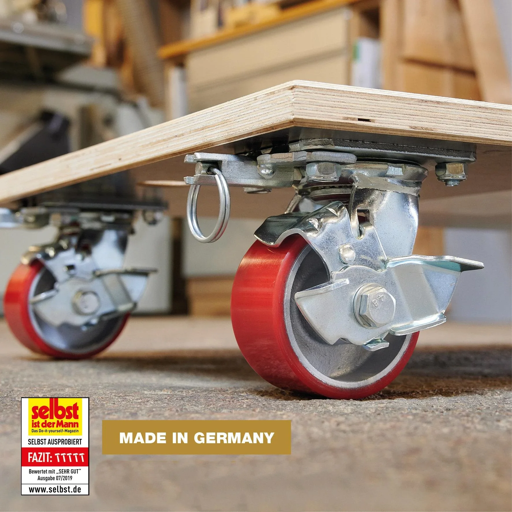 Transporthilfe MM 1348, 78 x 59 x 16 cm, harte Rollen Ø 100 mm, Rollenlager, 2 Bremsen, Platte FSC®, Tragkraft 1.000 kg - 7