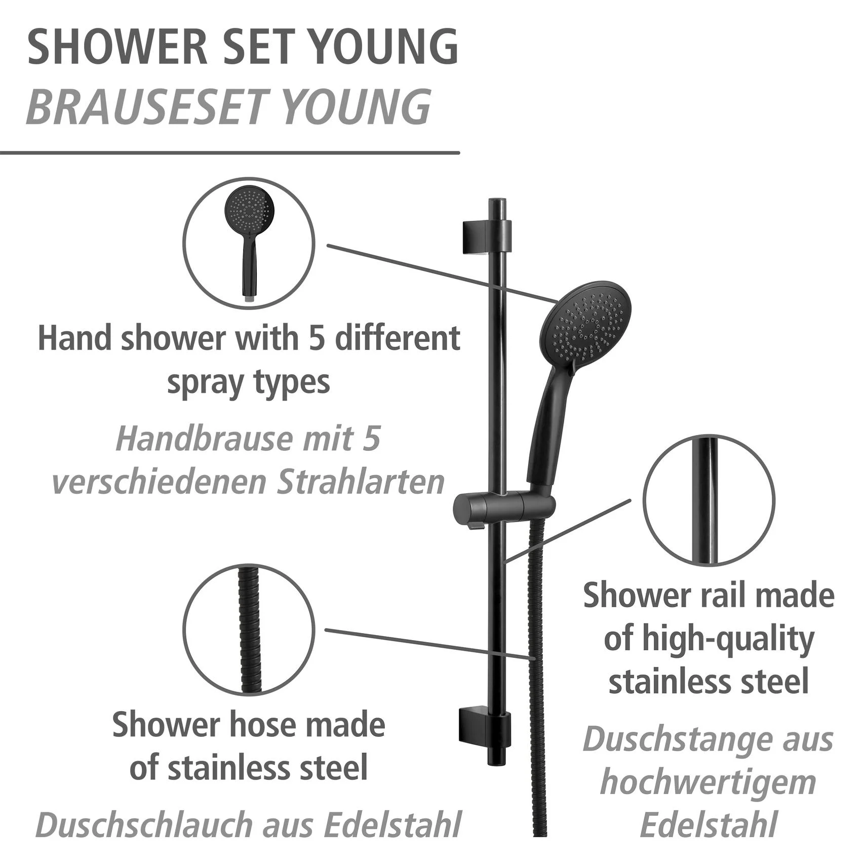 Brauseset Young Schwarz, Länge Stange: 66 cm - 5