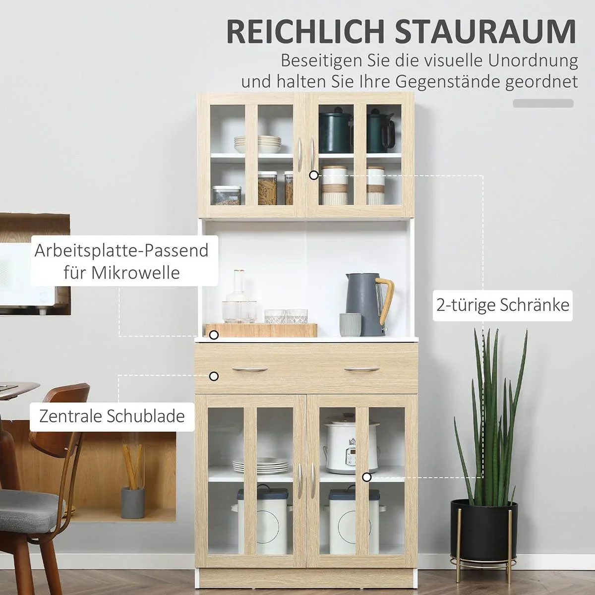 Küchenschrank 180 cm Küchenbuffet Hochschrank mit Glastüren Geschirrschrank Esszimmerschrank mit Schubladen Schrank ele - 0