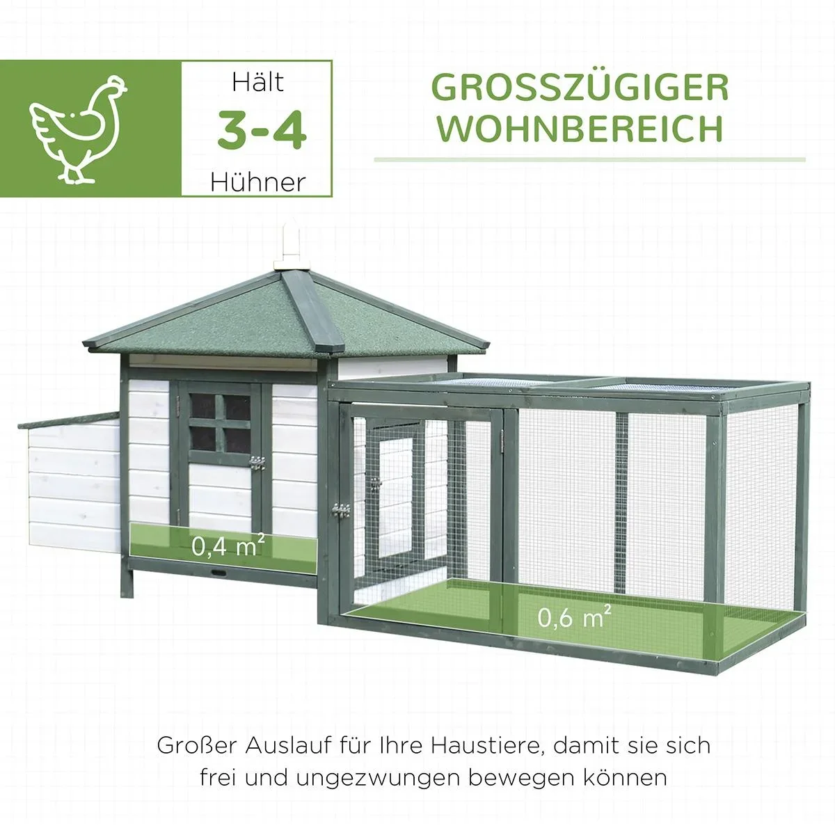 Zwerghühnerstall mit Auslauf Stall mit Sitzstangen Nistkasten Massivholz Weiß+Grün 196 x 76 x 97 cm - 0