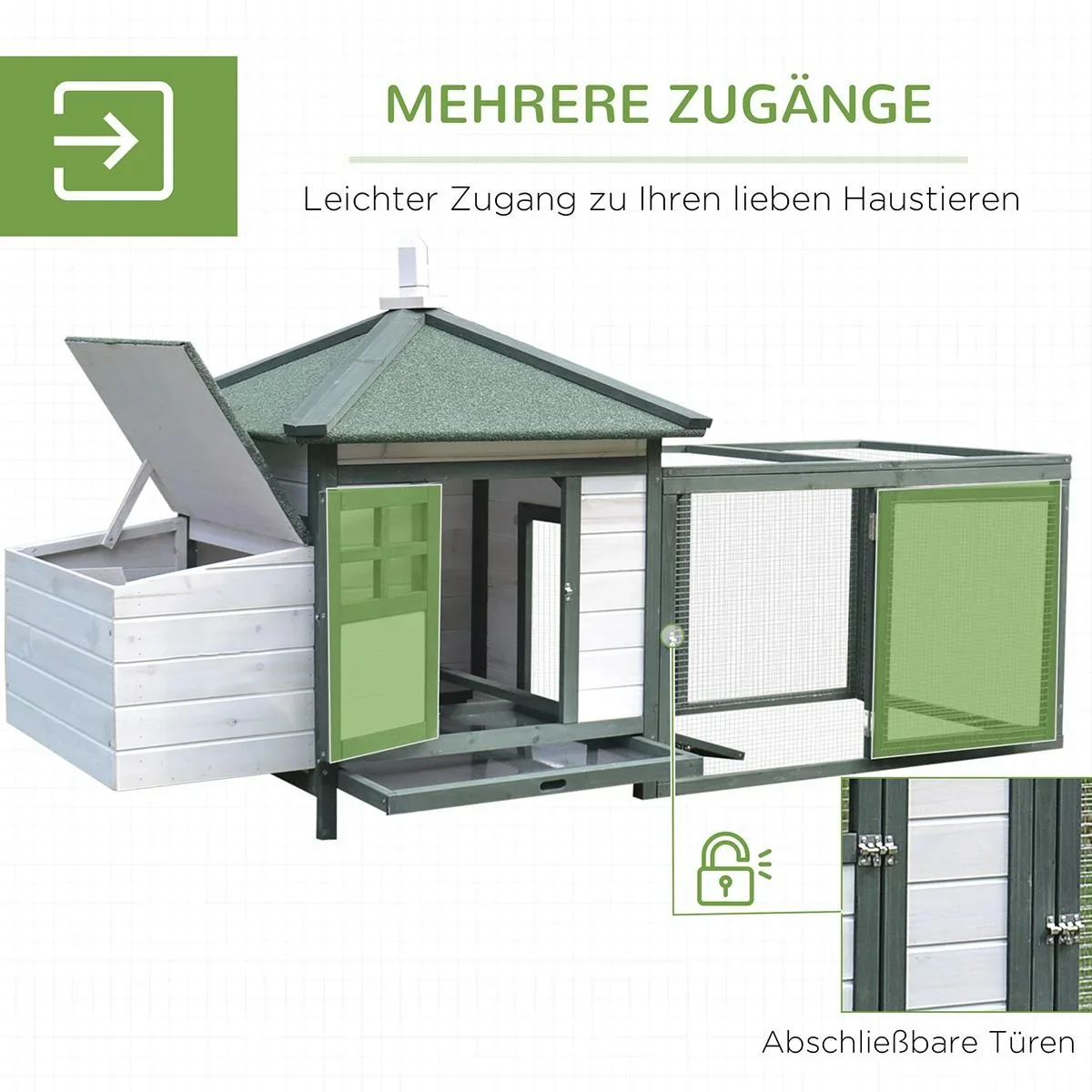 Zwerghühnerstall mit Auslauf Stall mit Sitzstangen Nistkasten Massivholz Weiß+Grün 196 x 76 x 97 cm - 1