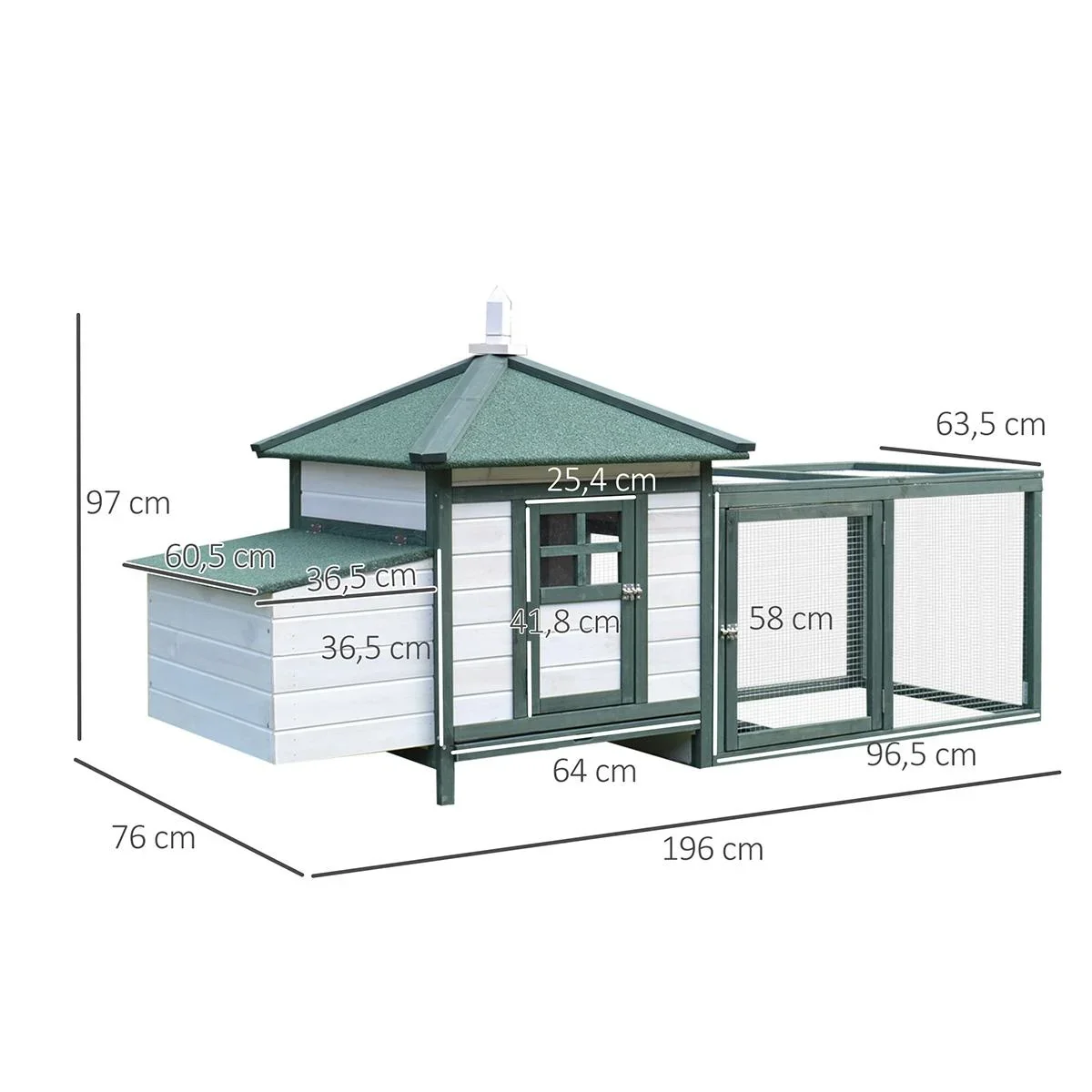 Zwerghühnerstall mit Auslauf Stall mit Sitzstangen Nistkasten Massivholz Weiß+Grün 196 x 76 x 97 cm - 3