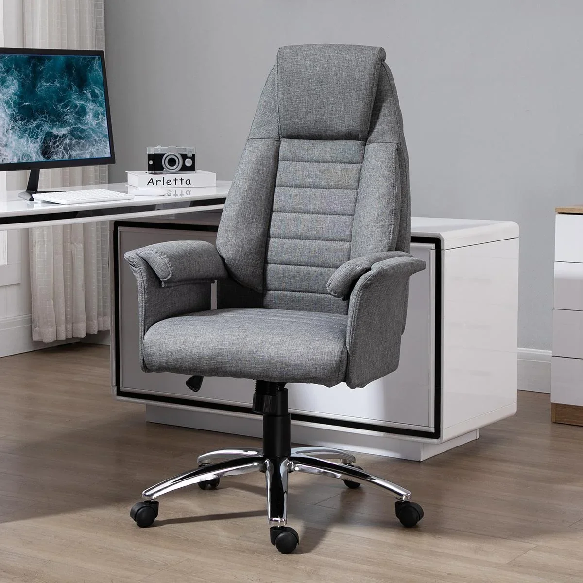 Drehstuhl Chefsessel Bürostuhl Schreibtischstuhl höhenverstellbar, Stoff+Metall, 79x70,5x116-125cm (Grau) - 0