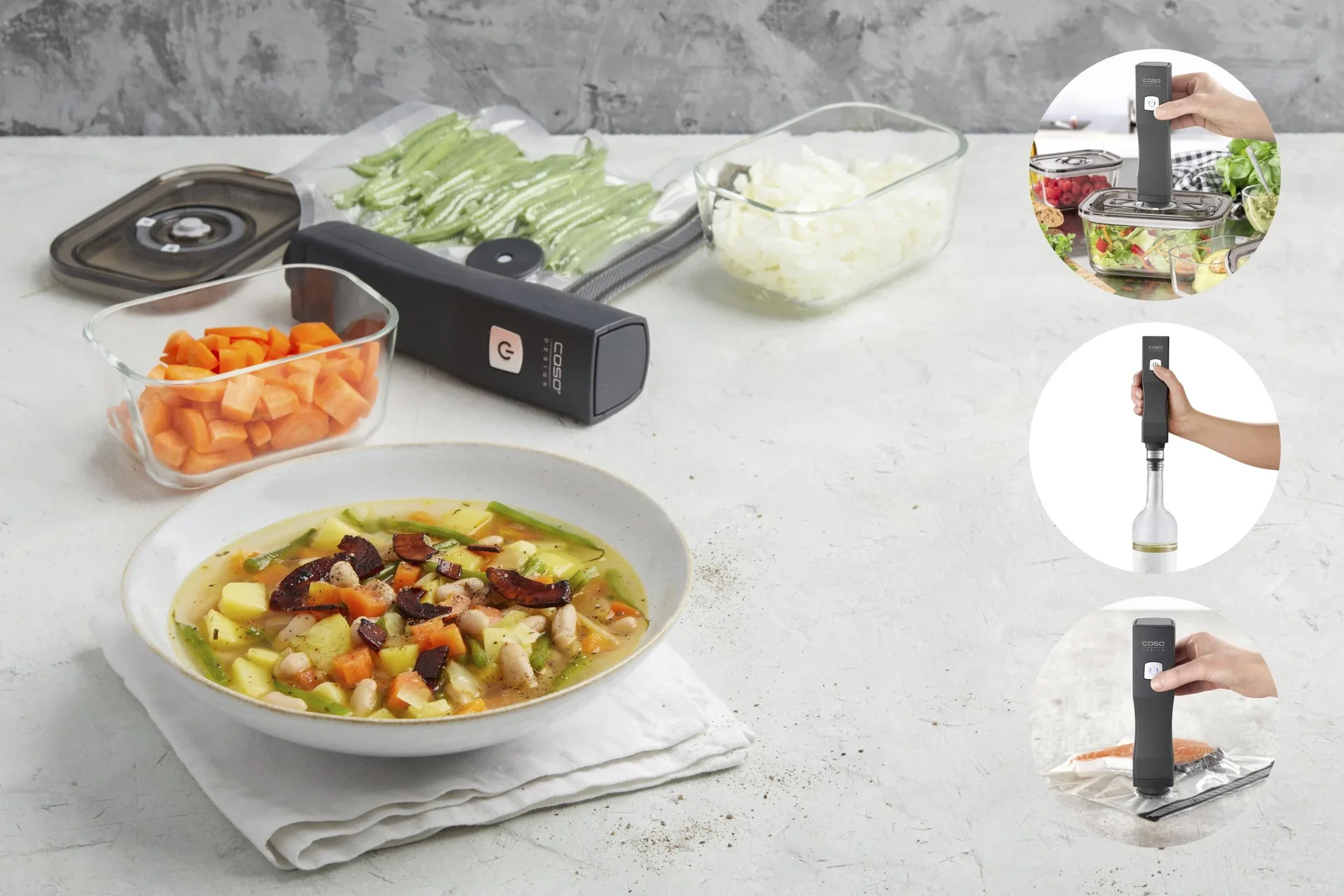 Hand-Vakuumierer OneTouch Eco-Set - Vakuumierer inkl. 3 Glas Vakuumbehälter + 10 Zip-Beutel - 2