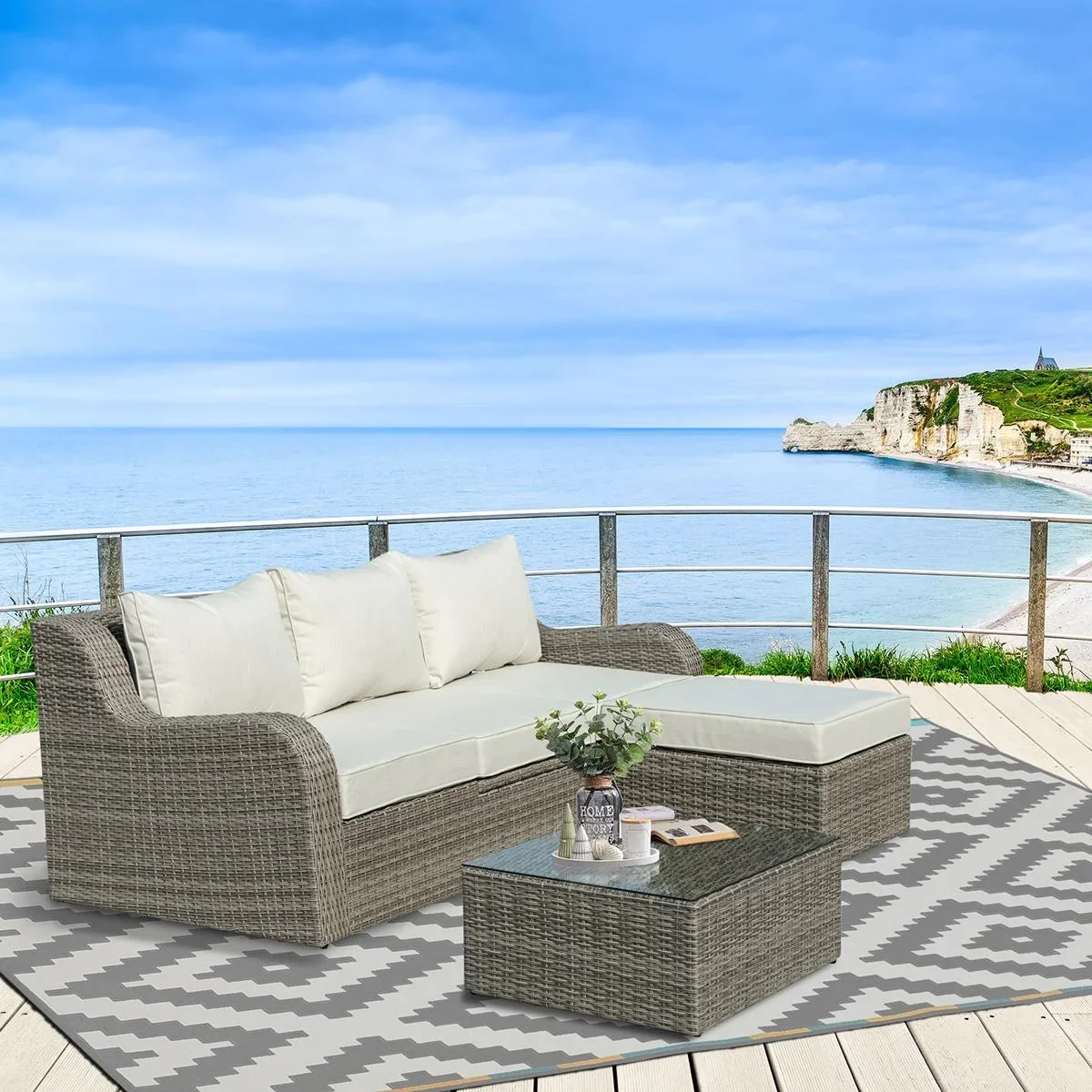 Dreiteilige Sofagarnitur in Rattanoptik mit klappbarem Beistelltisch, hellgrau+beige - 2