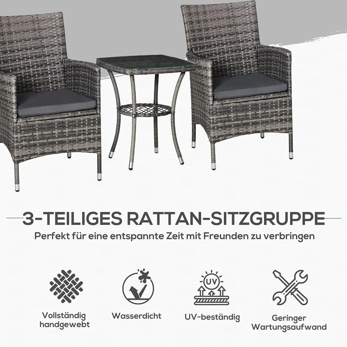 Dreiteilige Sofagarnitur in Rattanoptik mit klappbarem Beistelltisch, hellgrau+beige - 3