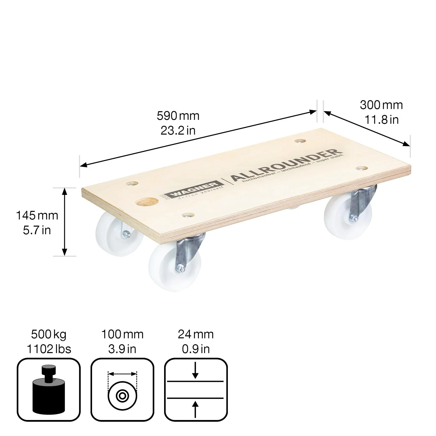 Transporthilfe MM 1127, 59 x 30 x 14,5 cm, harte Rollen Ø 100 mm, Rollenlager, Multiplex Birke FSC®, Tragkraft 500 kg - 6