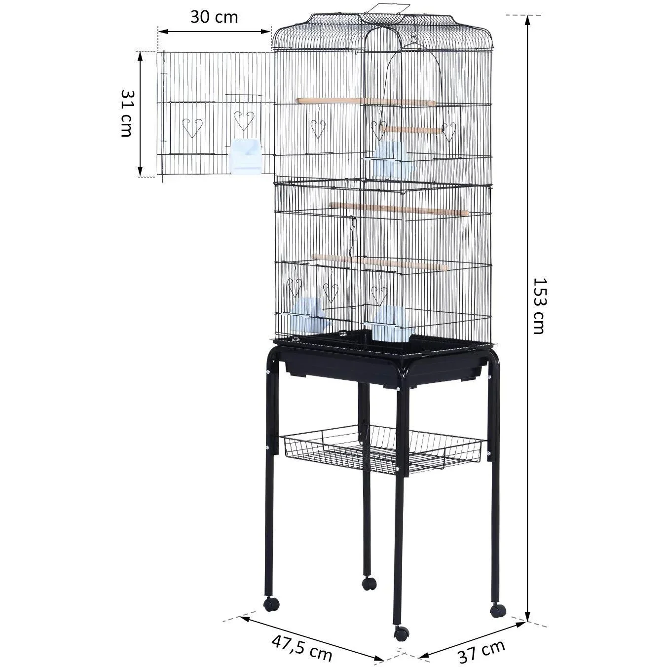 Vogelhaus Vogelkäfig Vogelvoliere für Papagei Wellensittich Vogelbauer mit rollbarem Ständer Schwarz 47,5x37x153cm - 0