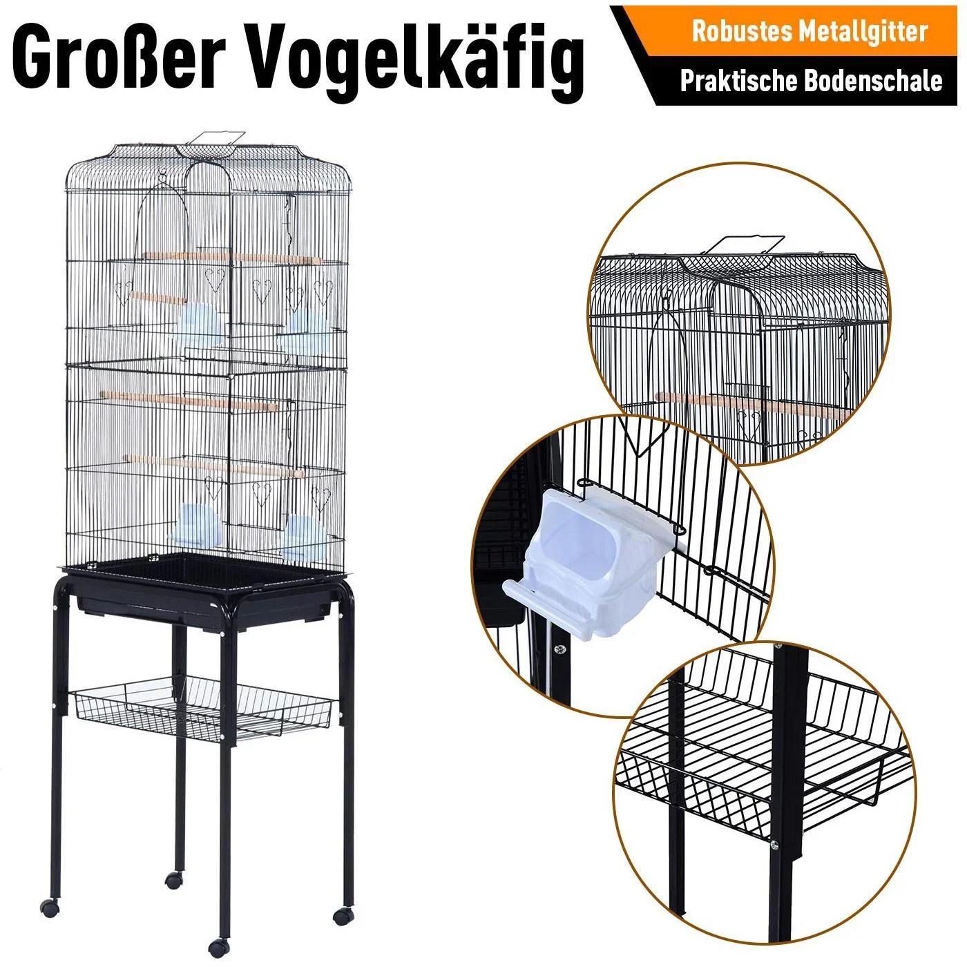 Vogelhaus Vogelkäfig Vogelvoliere für Papagei Wellensittich Vogelbauer mit rollbarem Ständer Schwarz 47,5x37x153cm - 1