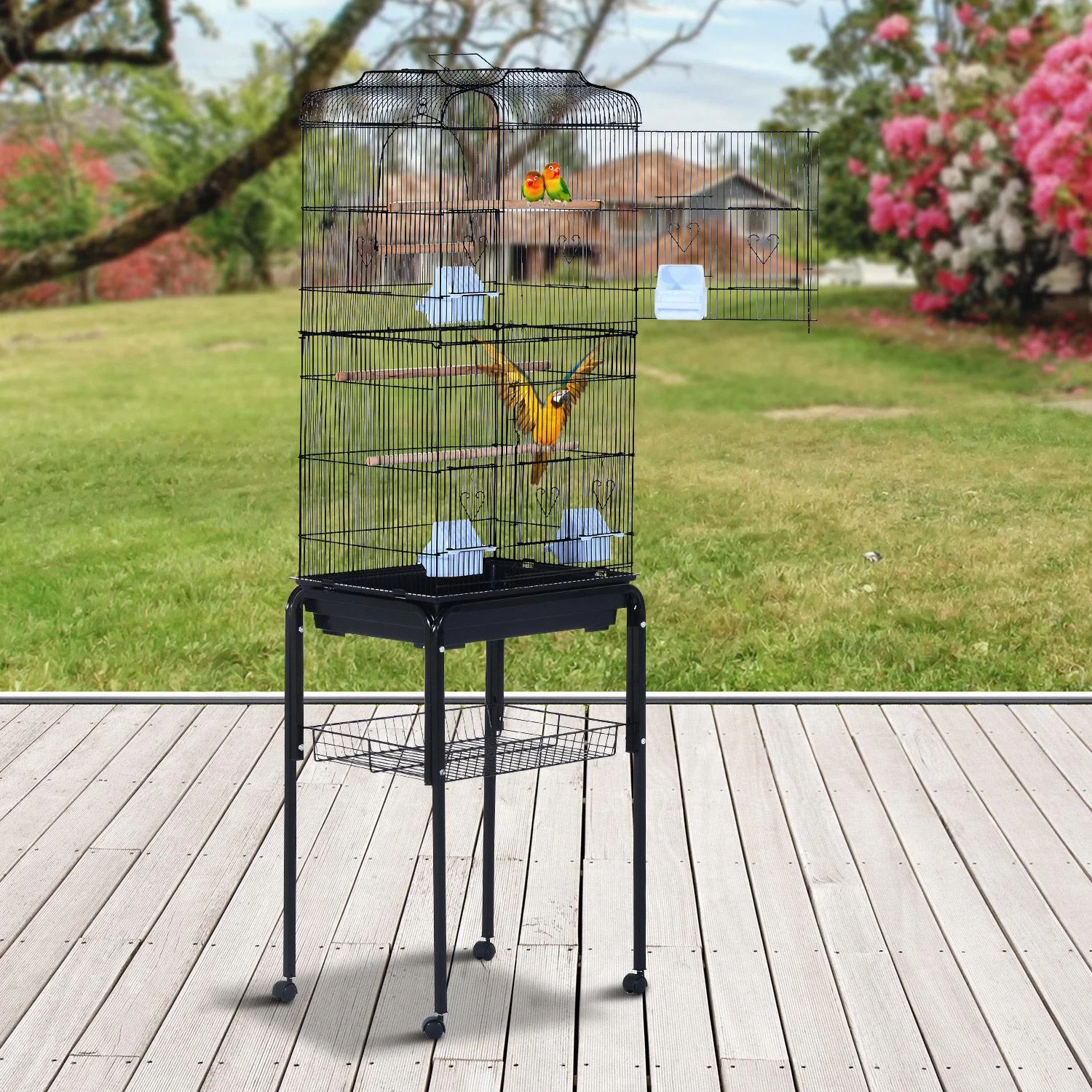Vogelhaus Vogelkäfig Vogelvoliere für Papagei Wellensittich Vogelbauer mit rollbarem Ständer Schwarz 47,5x37x153cm - 2