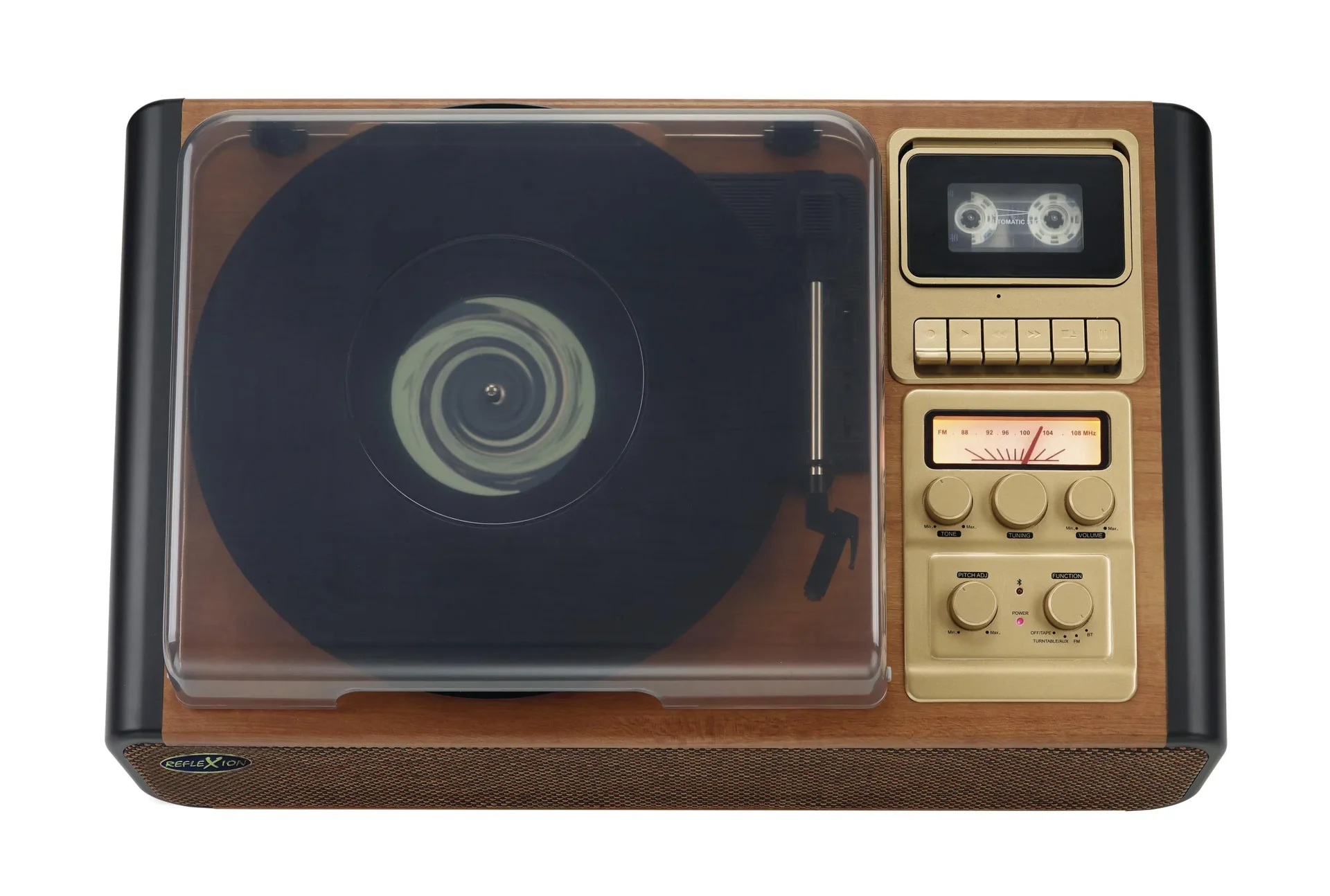 Plattenspieler in Holzgehäuse mit Bluetooth, Kasette, UKW-Radio, AUX-in - 0