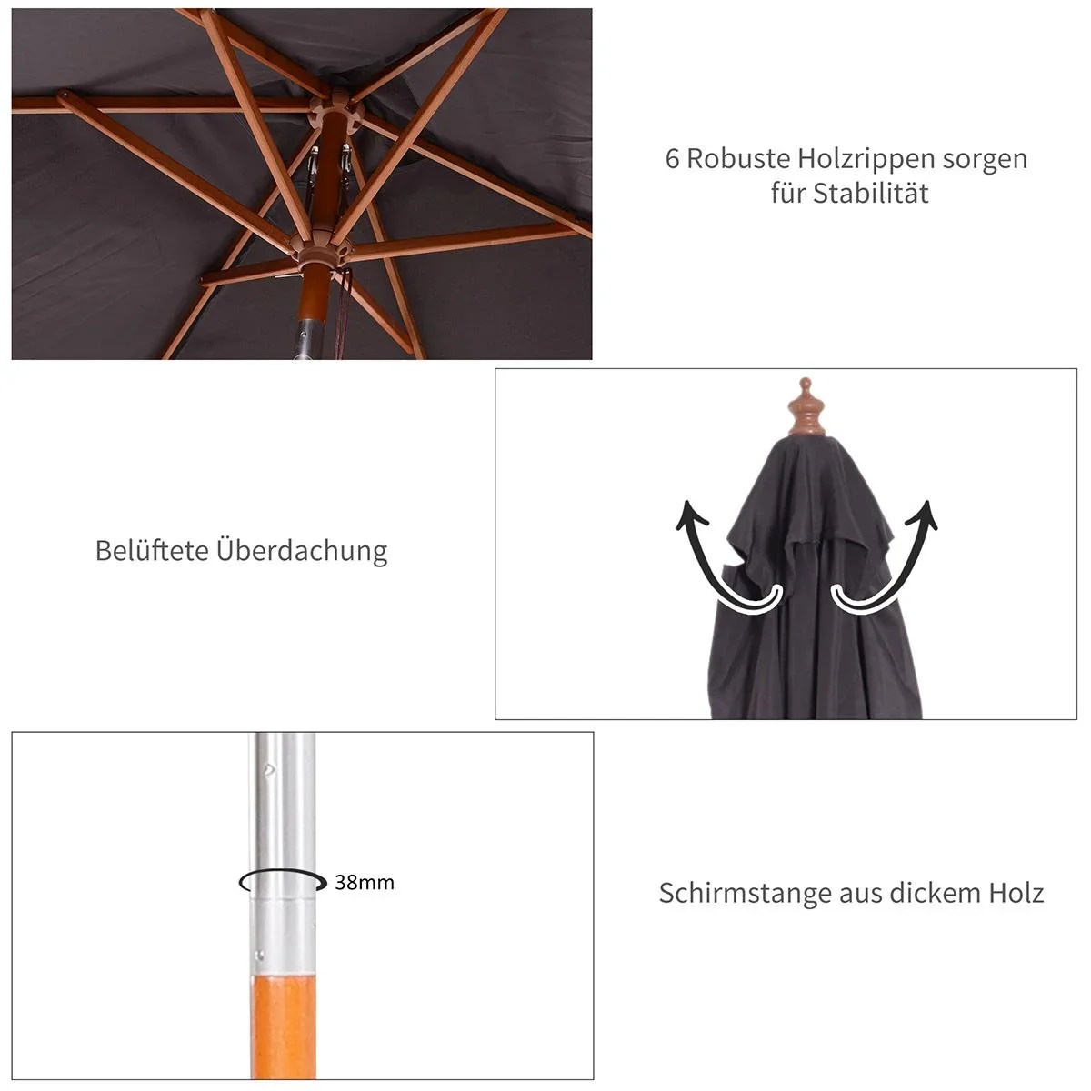 Sonnenschirm Knickbarer Gartenschirm Strandschirm 3-stufig einstellbar Tannenholz+Polyester Dunkelgrau 200 x 150 x 230 c - 2