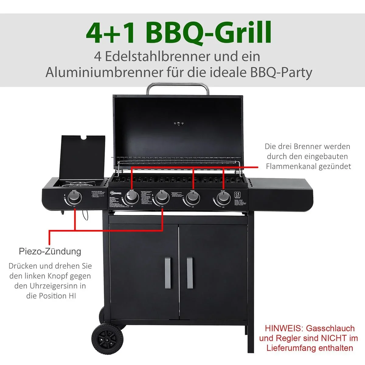 Gasgrill BBQ Grillwagen mit 4 Brennern 1 Seitenbrenner Schrank Multifunktion Metall Schwarz 125 x 51 x 100 cm - 2