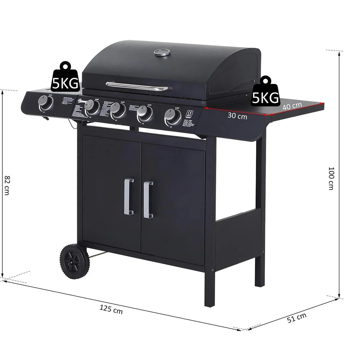Gasgrill BBQ Grillwagen mit 4 Brennern 1 Seitenbrenner Schrank Multifunktion Metall Schwarz 125 x 51 x 100 cm - 4