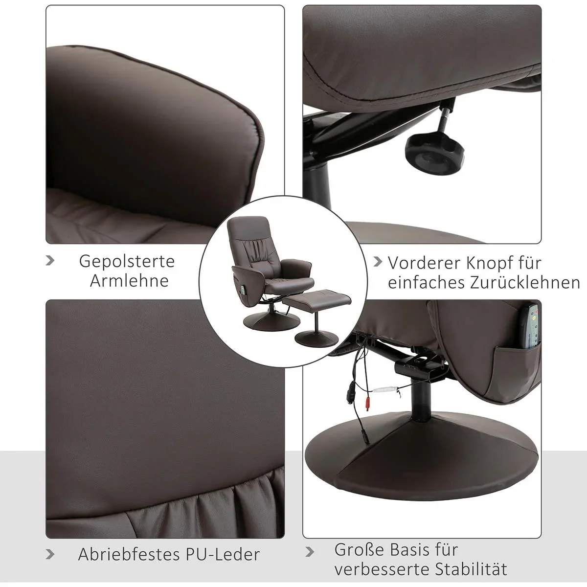 Massagesessel mit Fußhocker Relaxsessel Massagesessel TV-Sessel145°-Neigung Kunstleder Braun 76 x 81 x 105 cm - 3