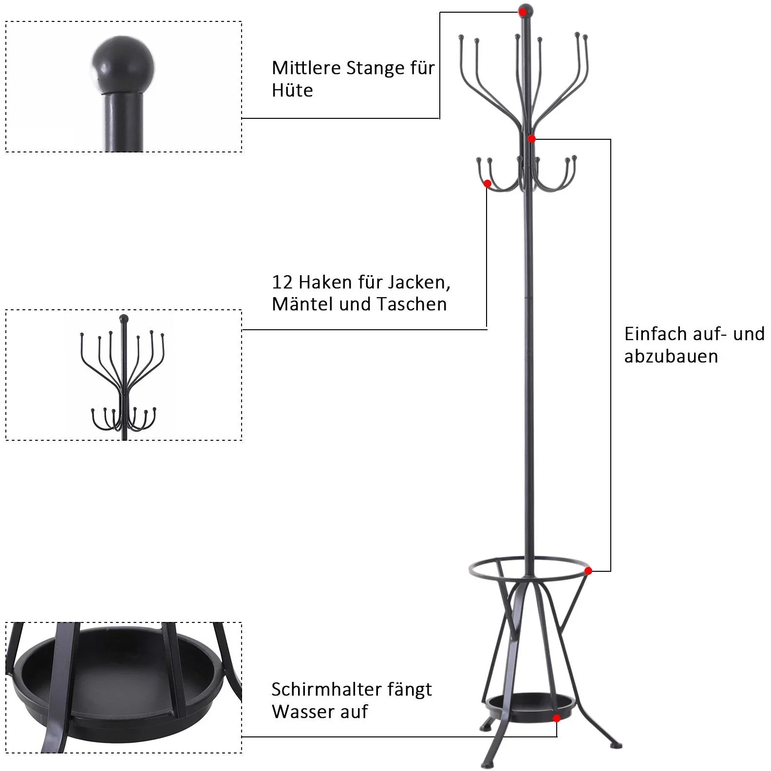 Kleiderständer Garderobeständer mit Schirmständer 12 Haken 6 Schirme Metall Schwarz 34,5 x 34,5 x 180 cm - 2