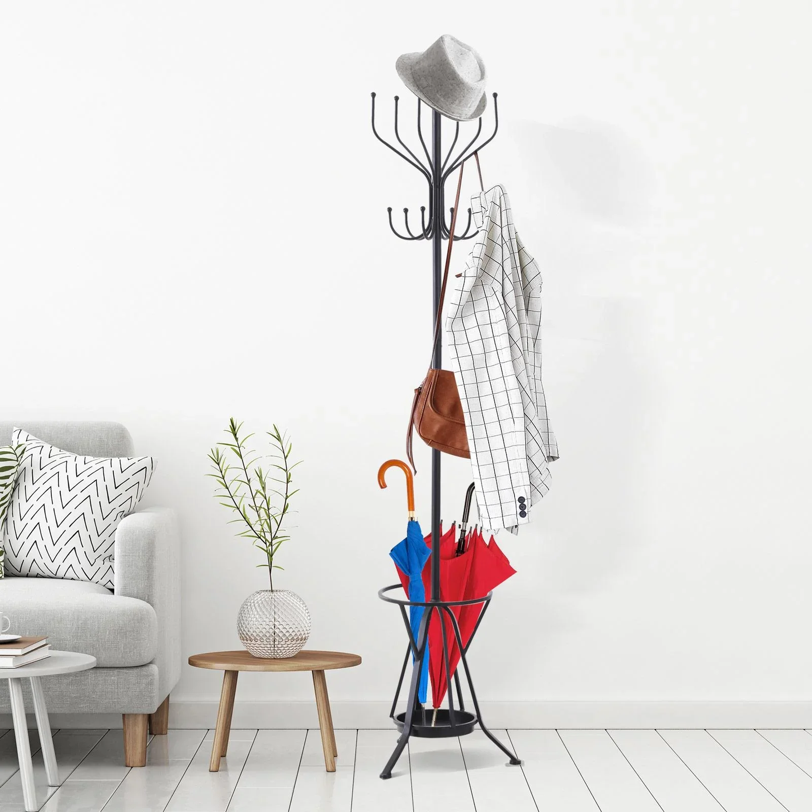 Kleiderständer Garderobeständer mit Schirmständer 12 Haken 6 Schirme Metall Schwarz 34,5 x 34,5 x 180 cm - 3